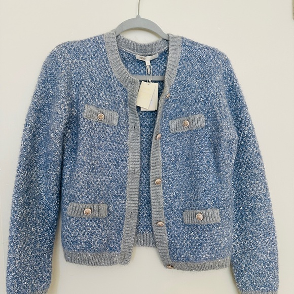 Maje Light Blue Tweed Sequin Cardigan Jacket Size 2 NWT - Picture 5 of 14